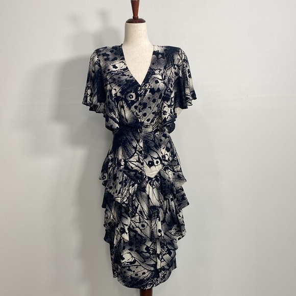 Vintage 80's Dress Flutter Sleeves Threes Company Style Women's 6 - Picture 1 of 14